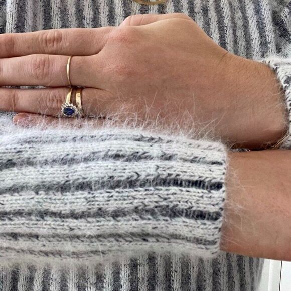 Womens Angora Blend Gray White Stripe Fluffy Fuzzy Soft Crewneck Preppy Sweater - Picture 3 of 7